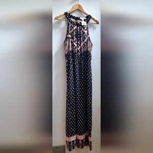 Hippie Rose L NWT Maxi Dress Black/Pink Floral Boho Bandana Print Sleeveless